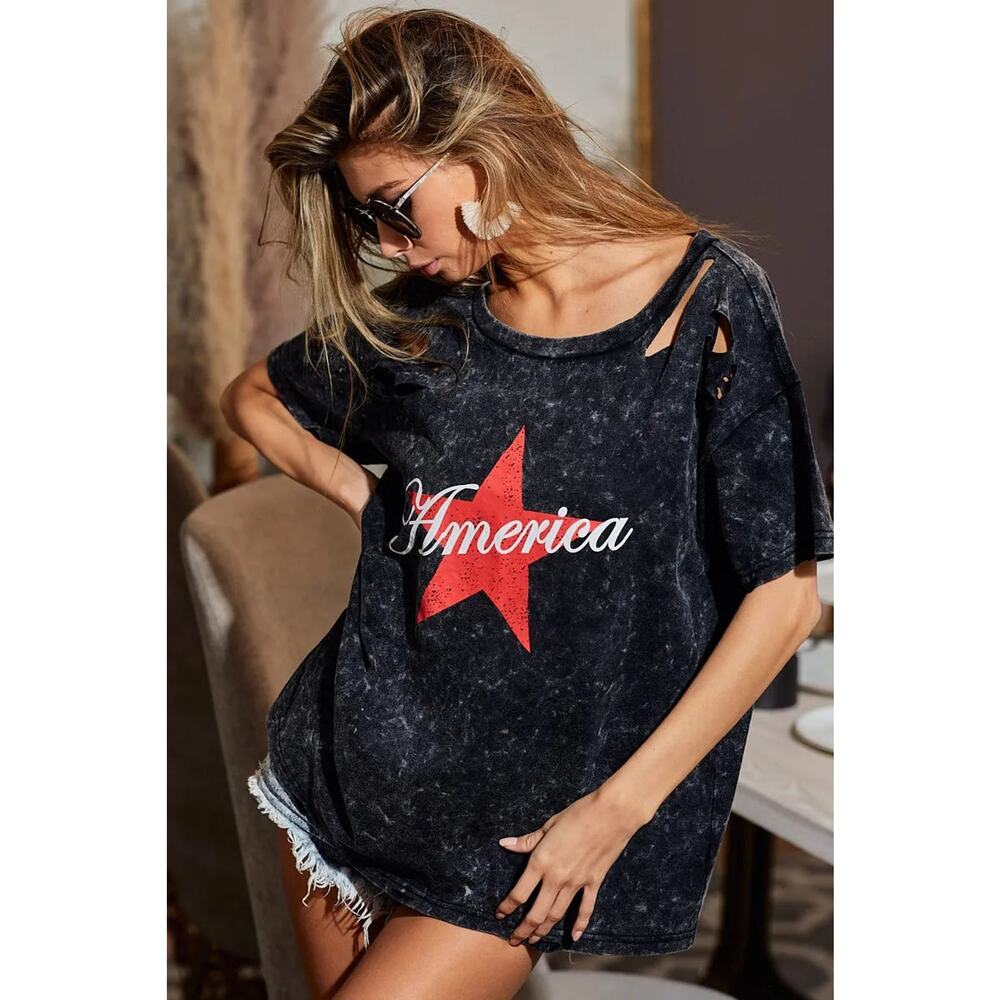 BiBi Laser Cut Mineral Washed American Print Short Sleeves Top | Black Charcoal - Picture 2 of 9